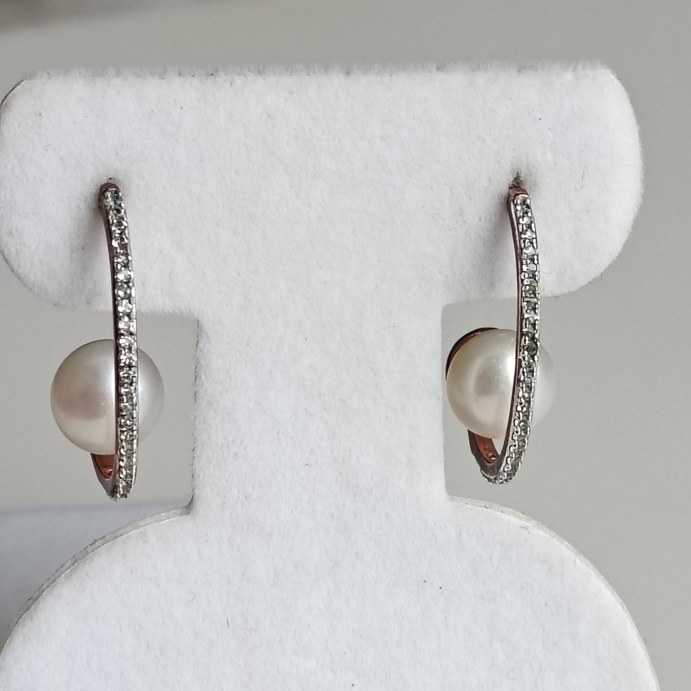Honora Italy Rose Gold Bronze Real Pearl Crystal Pave Open Hoop Earrings